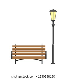 Bench made of wooden material with lantern, set of isolated icons vector. Furniture at city park, lamp illuminating bright light and place to seat