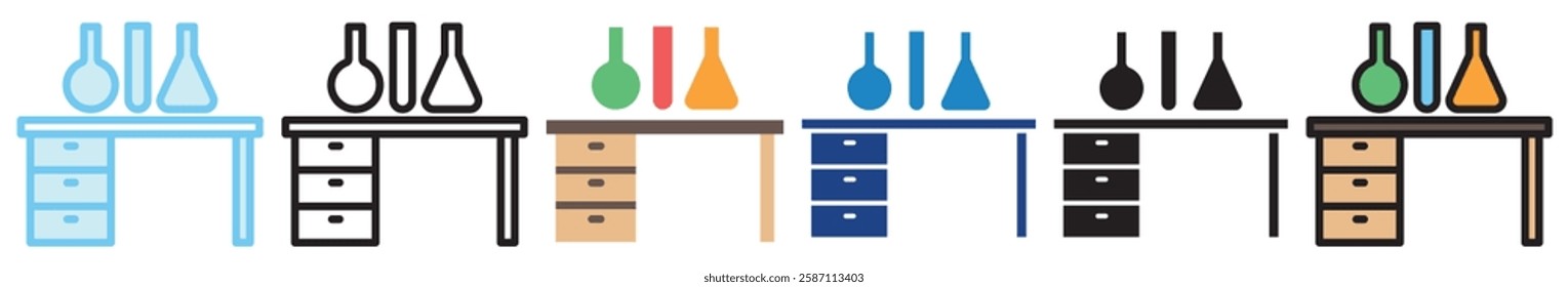 Bench multi style, mini illustration icon. outline, flat, glyph, line color, UI, UX, app and web, digital or print. For education, research, chemistry, health.