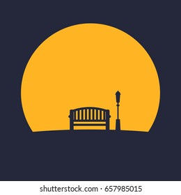 Bench in the night park at full moon