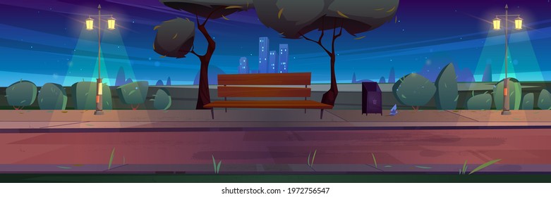 Bench In Night Park, Summer Landscape With City View Background, Empty Public Place For Walking And Recreation With Green Trees, Litter Bins And Street Lamps. Urban Garden Cartoon Vector Illustration