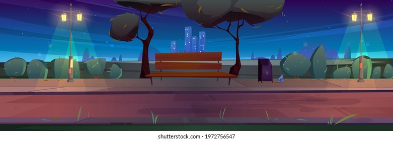 Bench in night park, summer landscape with city view background, empty public place for walking and recreation with green trees, litter bins and street lamps. Urban garden Cartoon vector illustration