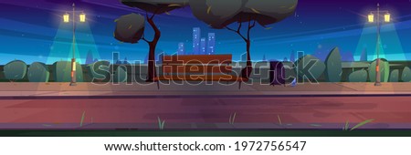 Bench in night park, summer landscape with city view background, empty public place for walking and recreation with green trees, litter bins and street lamps. Urban garden Cartoon vector illustration 商業照片 © 