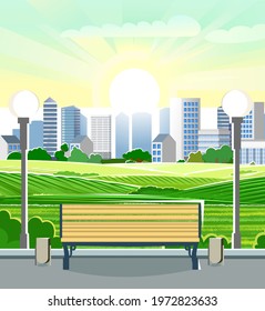 Bench on background of the city. Suburban village. Rural hills, vegetable gardens and meadows. Beautiful summer landscape. A place to rest. Park area. Beautiful picture. Square composition. Vector