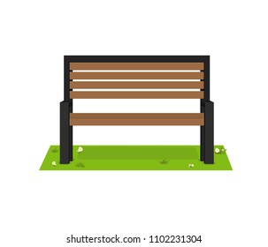 A bench on a green glade. Outdoor wooden benches. Vector illustration of a beautiful summer city park with urban construction background. Evening in the park.