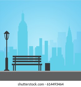 Bench on the Skyline City background. Flat design vector Illustration.