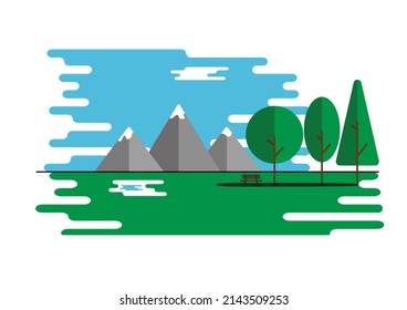 A bench on three trees and mountains in the garden.