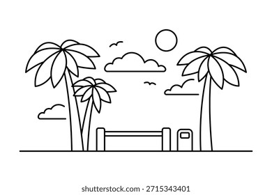 Banco y palmeras. Silueta lineal de contorno negro. Trazos editables. Vista frontal. Vector simple ilustración gráfica plana. Objeto aislado sobre un fondo blanco.