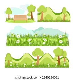 A bench in the park, a city park, a meadow with daisies. Vector set in flat style on a white background