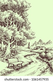 A bench in the park drawing. Peaceful landscape