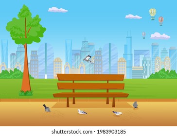 Bench in park flat vector illustration. City in background. Cartoon birds flying around wooden seat and pecking seeds. Summer landscape, lawn concept