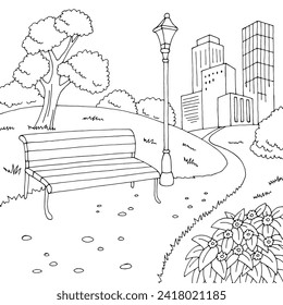 Bench in park graphic black white city landscape sketch illustration vector