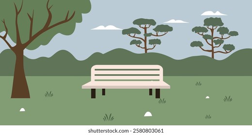 Bench park illustration. Park chair. Trees. Bushes. Forest. Jungle. Grass. Park seat. Spring time. Summer season. Suburb. Rural. Fresh air.