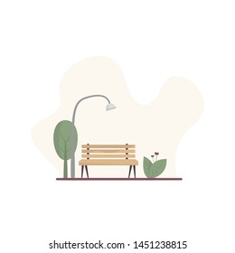 Bench in the park illustrations with lamp, tree and flowers.