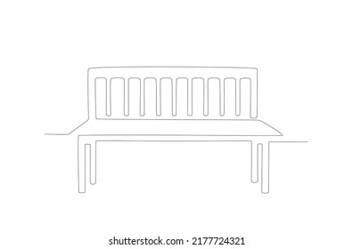 Bench in park in line art style. Continuous One line minimalism style drawing. Wooden furniture for outdoor relax. Single line illustration in perspective view. Handdraw contour. Doodle vector