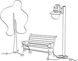 Bench In The Park Near A Tree And A Lantern, Continuous One Line Vector Illustration Minimalism Style