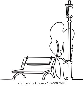 Bench in the park near a tree and a lantern, continuous one line vector illustration minimalism style