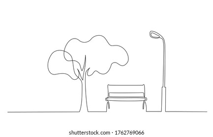 Bench in park near tree and lantern. Continuous One line minimalism style drawing. Vector illustration