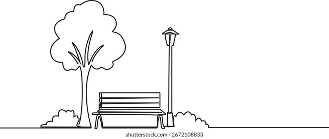 Bank im Park in der Nähe von Baum und Laterne durchgehende einzeilige Zeichnung. Vektorgrafik.
