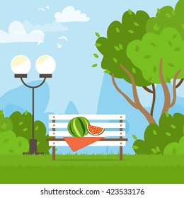 Bench in park. Picnic among the trees. Watermelon. Flat style vector illustration. 