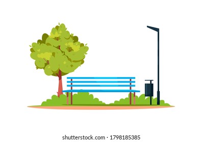 Bench in einem Park semi-flach RGB Farbe Vektorgrafik. Erholung und Entspannung in städtischen und vorstädtischen Gebieten. Sommergarten ohne Leute. Einzelne Cartoon-Objekte auf weißem Hintergrund