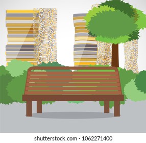 bench in the park with skyscraper view,stock vector illustration