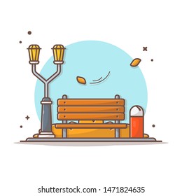 Bench in Park with Street Lamp, Trash Vector Illustration. Happy Autumn. Autumn Icon Illustration. Autumnal. Flat Cartoon Style Suitable for Web Landing Page, Banner, Flyer, Sticker, Card, Background