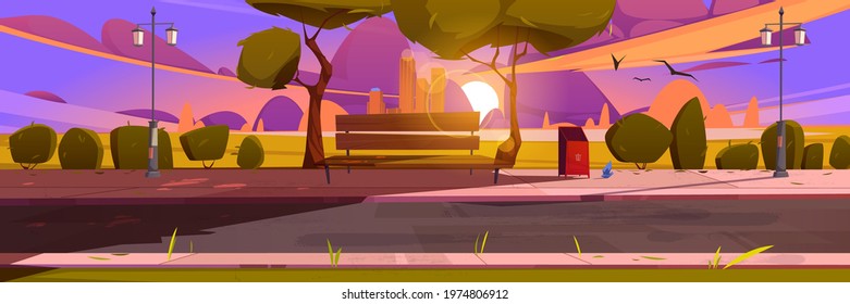 Bench in park, summer landscape with city view sunset background, empty public place for walking and recreation with green trees, litter bins and street lamps. Urban garden Cartoon vector illustration