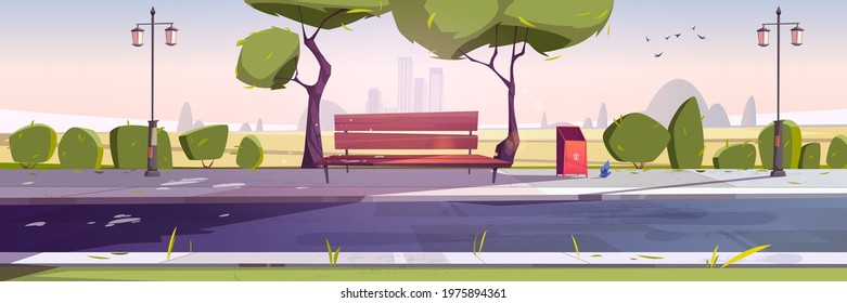 Bench In Park, Summer Landscape With City View Daytime Background, Empty Public Place For Walking And Recreation With Green Trees, Litter Bins And Street Lamp. Urban Garden Cartoon Vector Illustration