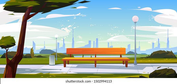 Bench in park, summer time landscape with city view background, empty public place for walking and recreation with green trees, litter bins and street lamps. Urban garden Cartoon vector illustration