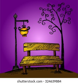 Bench in park with tree and streetlamp. Vector hand drawn sketch. 