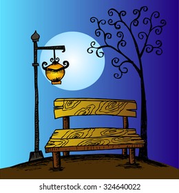 Bench in park with tree and streetlamp. Vector hand drawn sketch. 