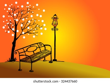 Bench in park with tree and streetlamp.Vector hand drawn sketch. 

