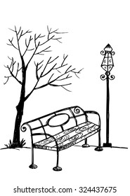 Bench in park with tree and streetlamp.Vector hand drawn sketch. 

