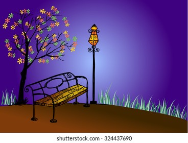 Bench in park with tree and streetlamp.Vector hand drawn sketch. 

