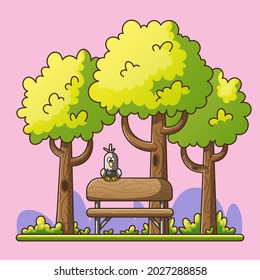 Bench in a park. With trees and bird. Vector illustration in modern comic style.