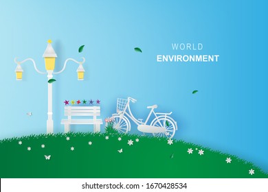 Bench in the park.Garden green park design vector for banner background.Creative paper cut and craft style.Bicycle with Ecology environment relax concept.wallpaper, web page minimal. illustration 