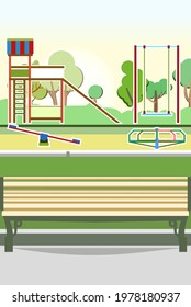 Bench and playground in the park. Swings, slides and carousels. Flat cartoon style illustration. A place for children to play. Sandbox for kids. Outdoor landscape. Summer morning. Vector