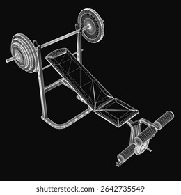 Bench press with a barbell mounted on a metal frame, featuring a seat and backrest for stability. A weight plate is attached to the barbell for strength training exercises.