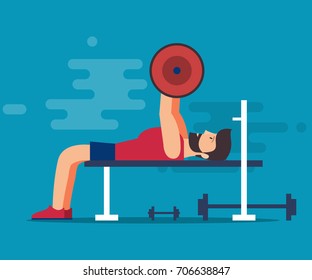 Bench for bench press. A bearded man with a barbell shakes his muscles in the gym. Isolated vector illustration on a blue background background.