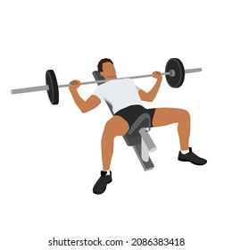 Ejercicio de prensa en banco. hombre con músculos entrenador en el gimnasio. Ilustración vectorial aislada sobre fondo blanco.

