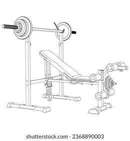 Bench press. Fitness, cardio, and muscle building machines, equipments set at gym. Workout and training concept. Vector illustration.