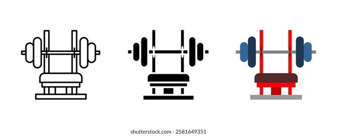 Icono de prensa de banco. Ilustración vectorial Barbell. Símbolo de entrenamiento de fuerza en el gimnasio. Fitness y signo de entrenamiento. Culturismo y pictograma de ejercicio. Concepto de levantamiento de pesas.