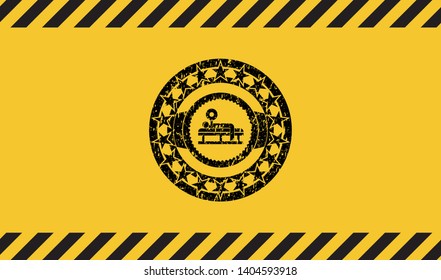 bench press icon black grunge emblem, yellow warning sign. Vector Illustration. Detailed.