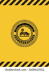 bench press icon black grunge emblem inside yellow warning sign. Vector Illustration. Detailed.