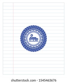 bench press icon drawn with pen strokes. Blue ink. Vector Illustration. Detailed.
