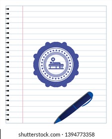 bench press icon emblem draw with pen effect. Blue ink. Vector Illustration. Detailed.