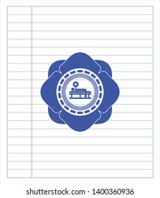 bench press icon emblem with pen effect. Blue ink. Vector Illustration. Detailed.