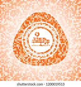 bench press icon inside abstract orange mosaic emblem