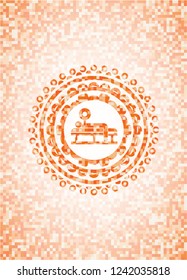 bench press icon inside abstract orange mosaic emblem with background