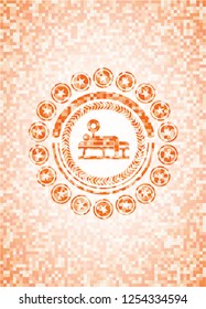 bench press icon inside abstract orange mosaic emblem with background
